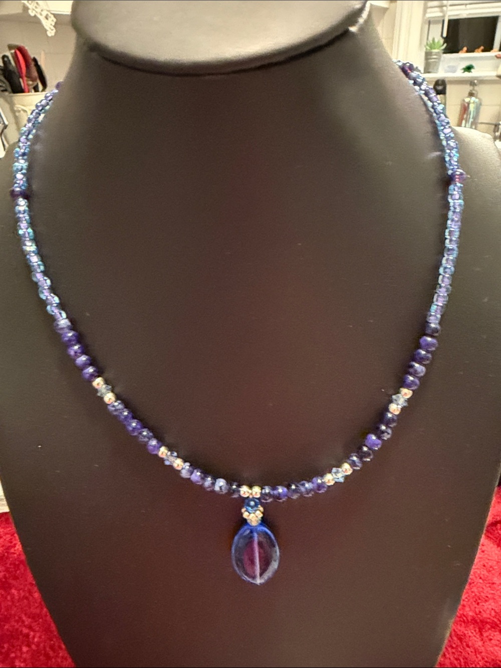 Handmade Blue Beaded Necklace with Glass Pendant 15.5” like new